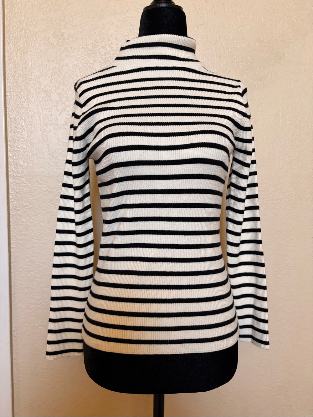 Women's Black & White Striped Mock Neck Sweater